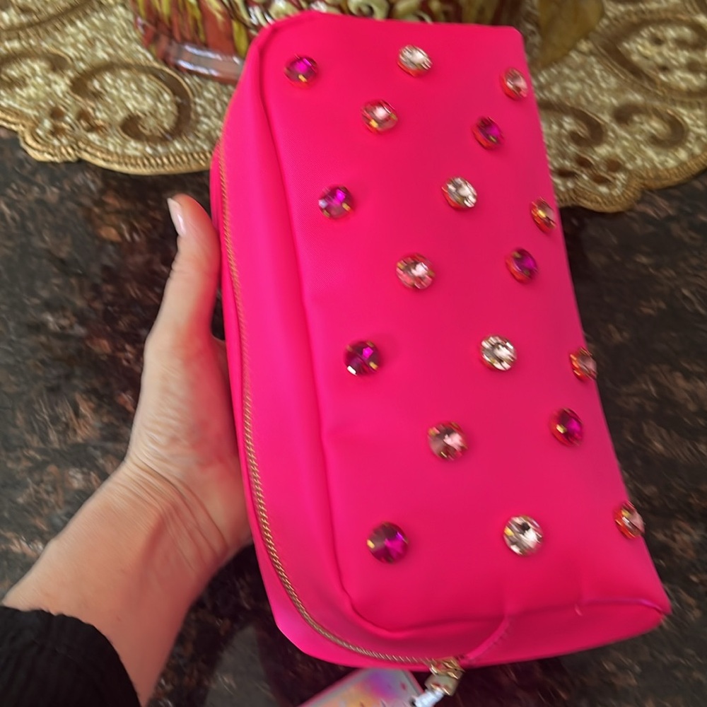 Sparkle And Shine Vibrant Pink Cosmetic Travel Bag With Big Pink & Clear Stones